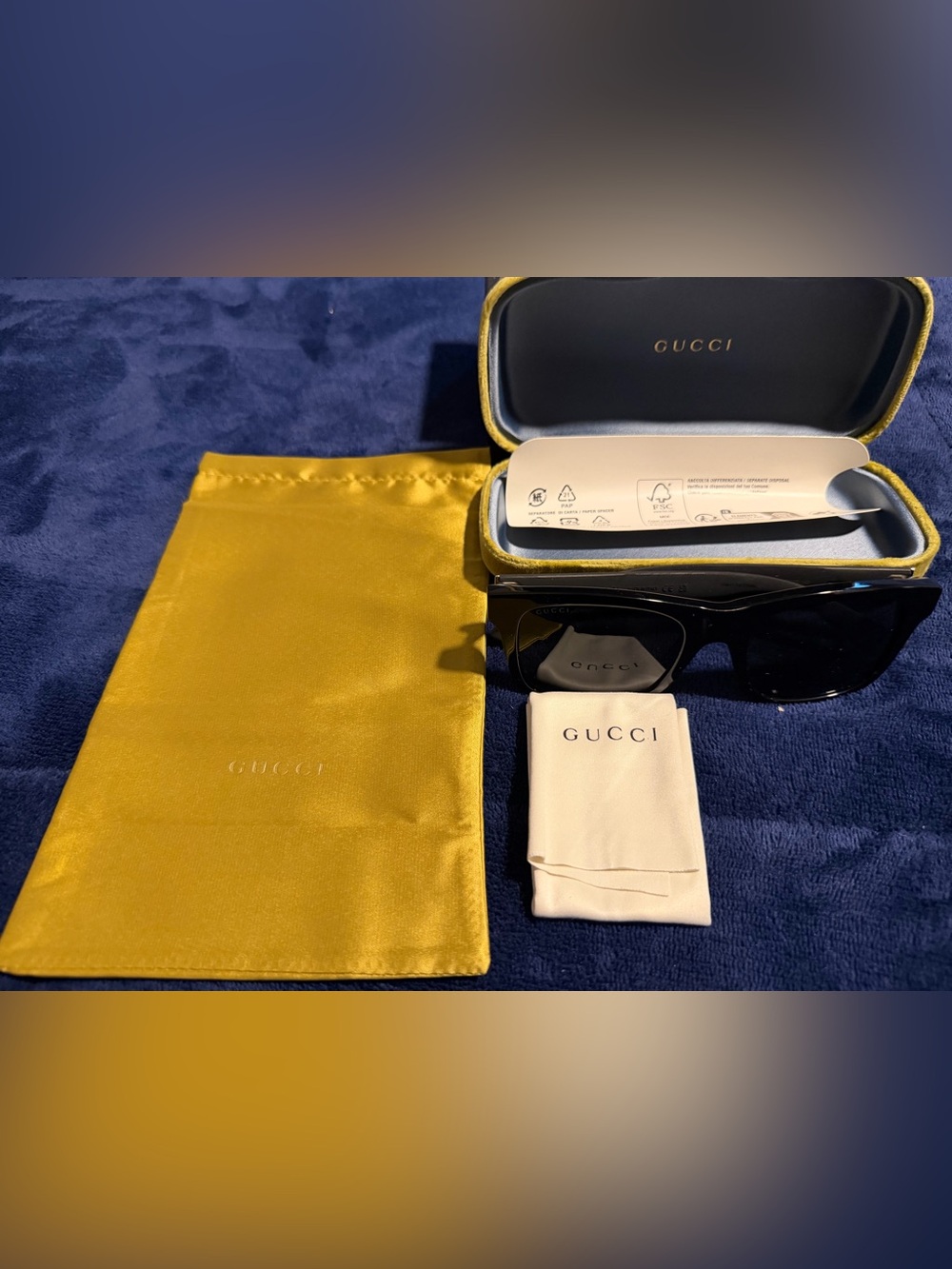 Gucci Men’s Black Sunglasses with Yellow Satin Pouch and Cream Cloth.
